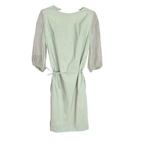 Vintage Sage Green Sheer Sleeve Dress With Tie-Waist Design